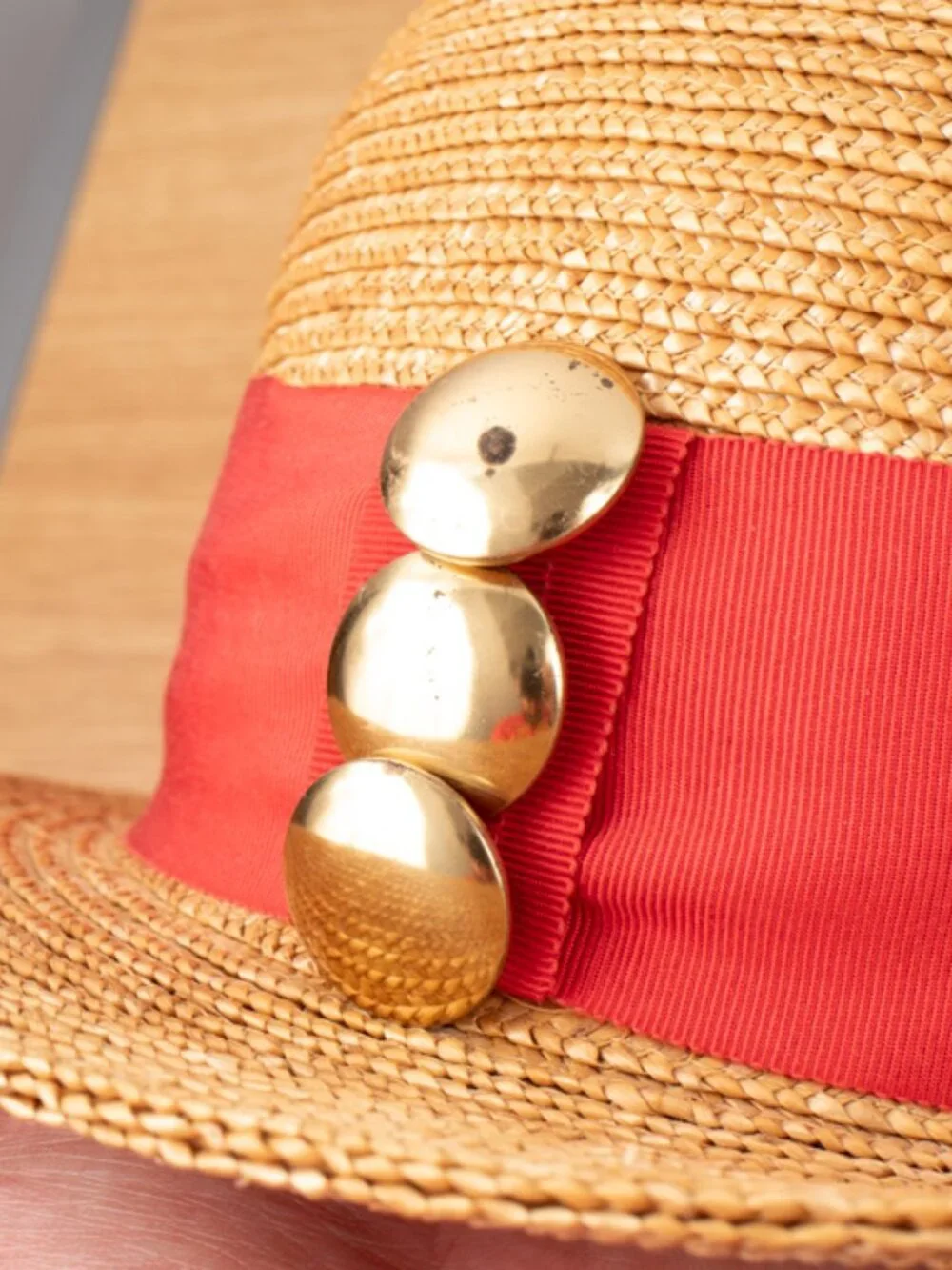 Patricia Underwood Straw Hat With Red Stripe and Gold Button Detail See Details